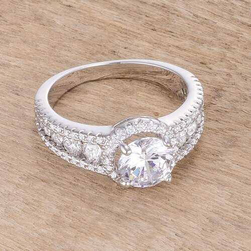 2.1Ct Rhodium Plated Solitaire Engagement Halo Ring