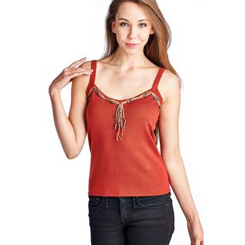 Women's Sweater Tank with Suede & Bead Trim